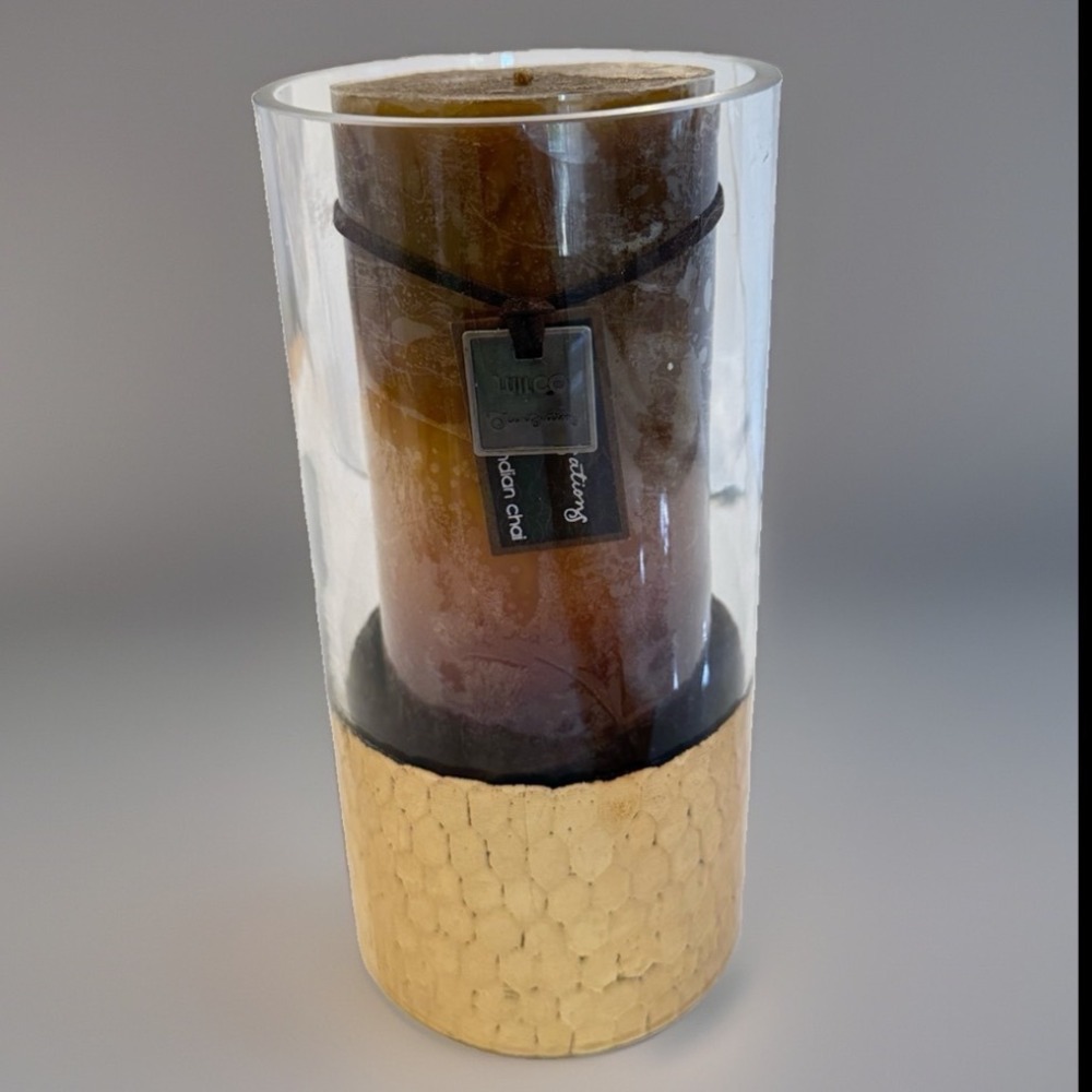 FTD Gold Honeycomb Cylinder Glass Vase 12" w Wilco Indian Chai Pillar Candle